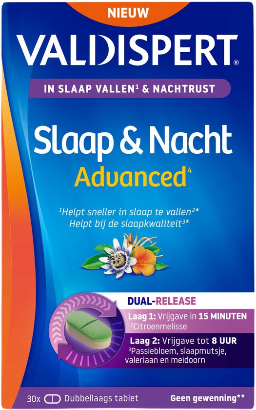 Valdispert Slaap & Nacht Advanced verpakking met de tekst "Helpt sneller in slaap te vallen" en "DUAL-RELEASE".