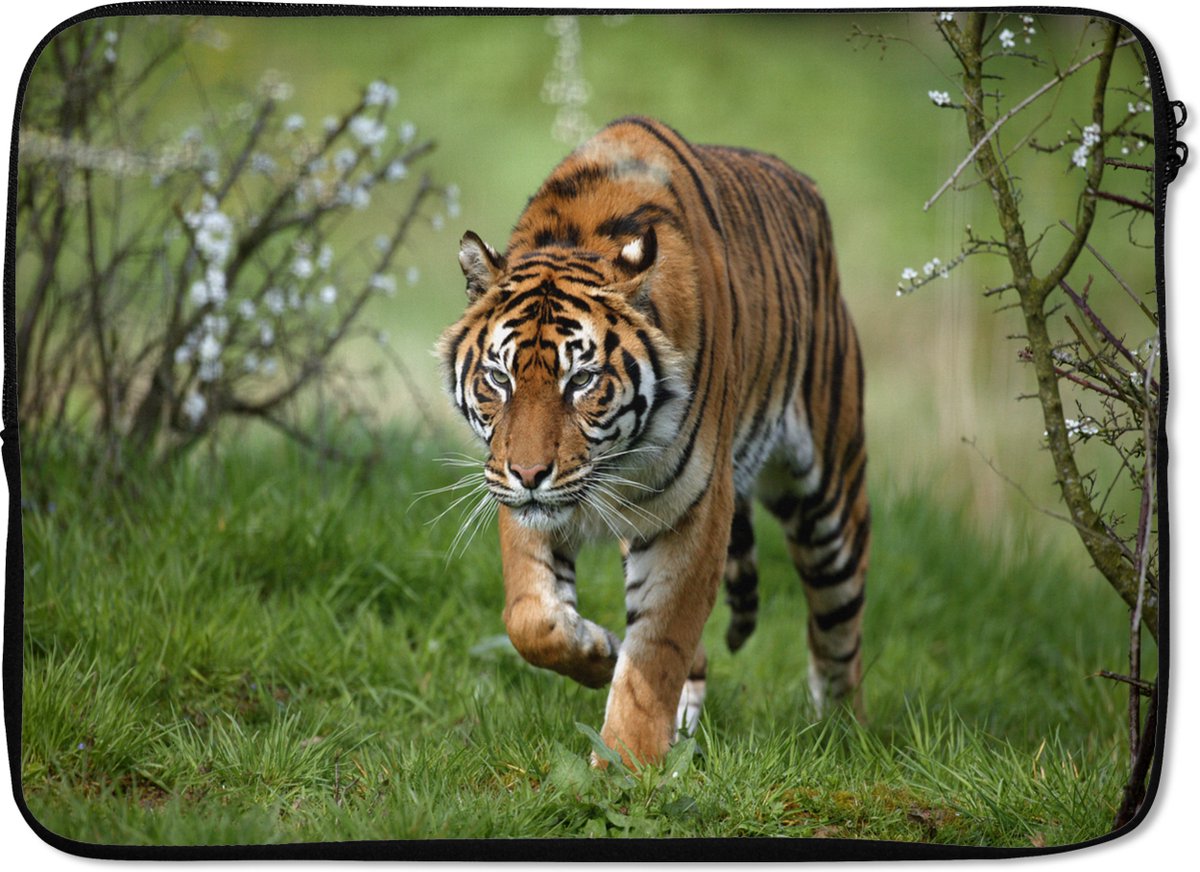 Laptophoes 13 inch - Close-up van een Sumatraanse tijger - Laptop sleeve - Binnenmaat 32x22,5 cm - Zwarte achterkant