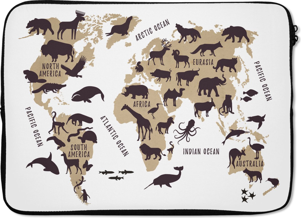 Laptophoes 14 inch - Wereldkaart - Bruin - Dieren - Laptop sleeve - Binnenmaat 33x23 cm - Zwarte achterkant