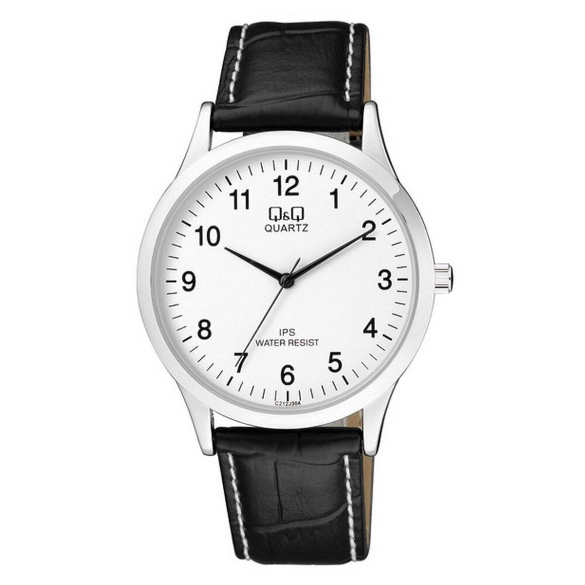 QQ C212J304Y - Horloge - Analoog - Heren - Mannen - Leren band - Rond - Metaal - Cijfers - Zwart - Zilverkleurig - Wit - 3 ATM