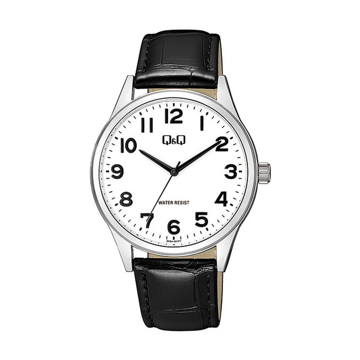 QQ Q59A-001PY - Horloge - Analoog - Mannen - Heren - Leren band - Rond - Metaal - Cijfers - Zwart - Zilverkleurig - Wit - 3ATM
