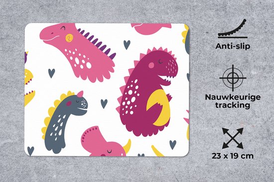 Muismat 23x19 cm - Mousepad Dino - Patronen - Kind - Roze - Meisjes - Muismatten