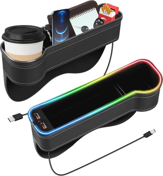 Multifunctionele lederen autostoel-organizer Opbergdoos voor de voorstoel met USB-oplaadpoort en bekerhouder, voor Peugeot 107 108 206 207 207 CC 208 307 307,Brown-LR