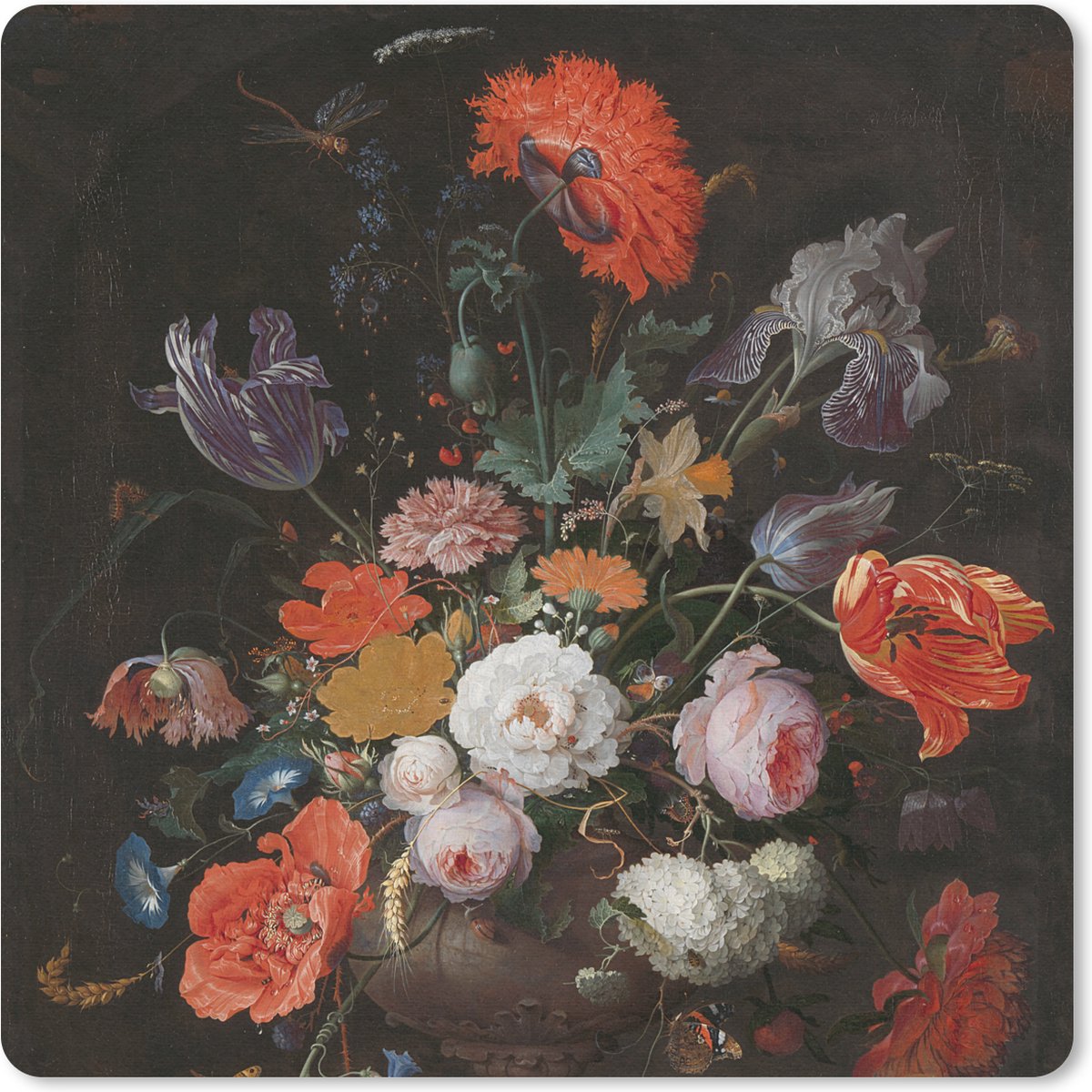 Muismat 30x30 cm - Mousepad Stilleven met bloemen en een horloge - Schilderij van Abraham Mignon - Muismatten