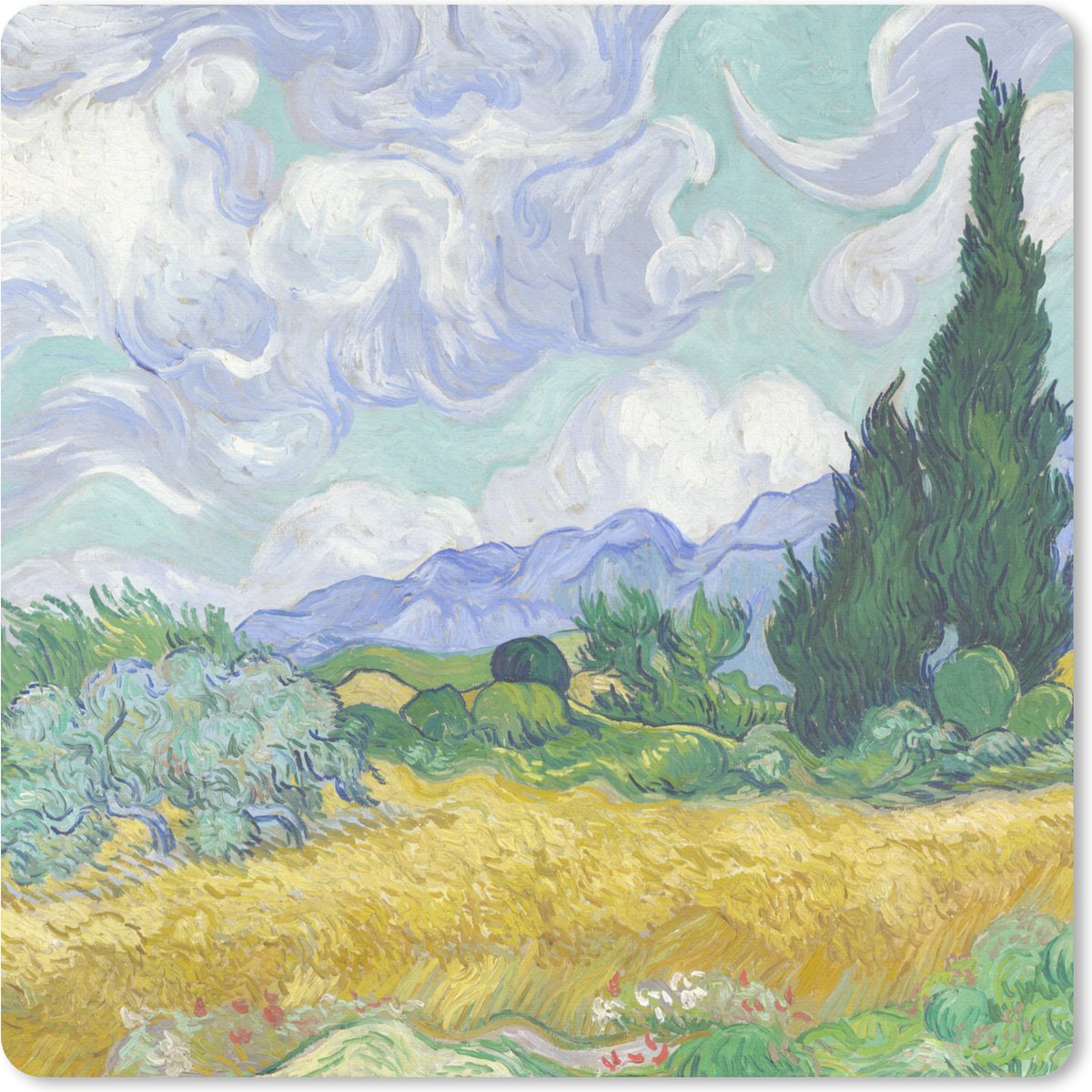 Muismat 30x30 cm - Mousepad Korenveld met cipressen - Vincent van Gogh - Muismatten