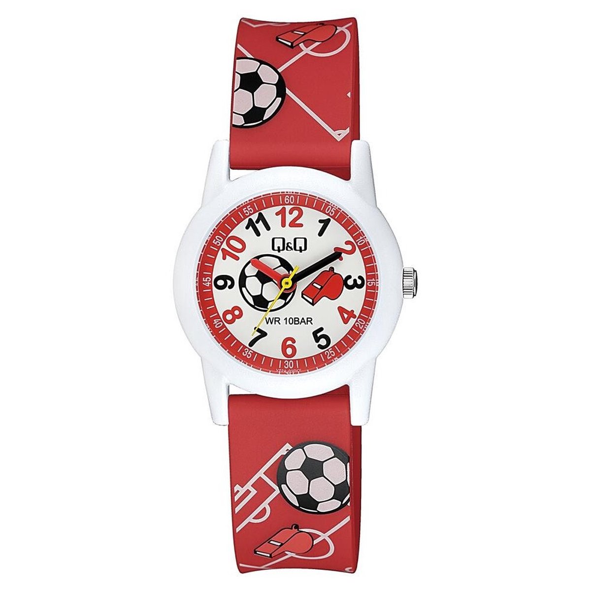 QQ V22A-010VY - Horloge - Sport - Analoog - Kinderen - Unisex - Plastic band - Rond - Kunststof - Cijfers - Voetbal - Rood - Wit - Zwart - 10 ATM