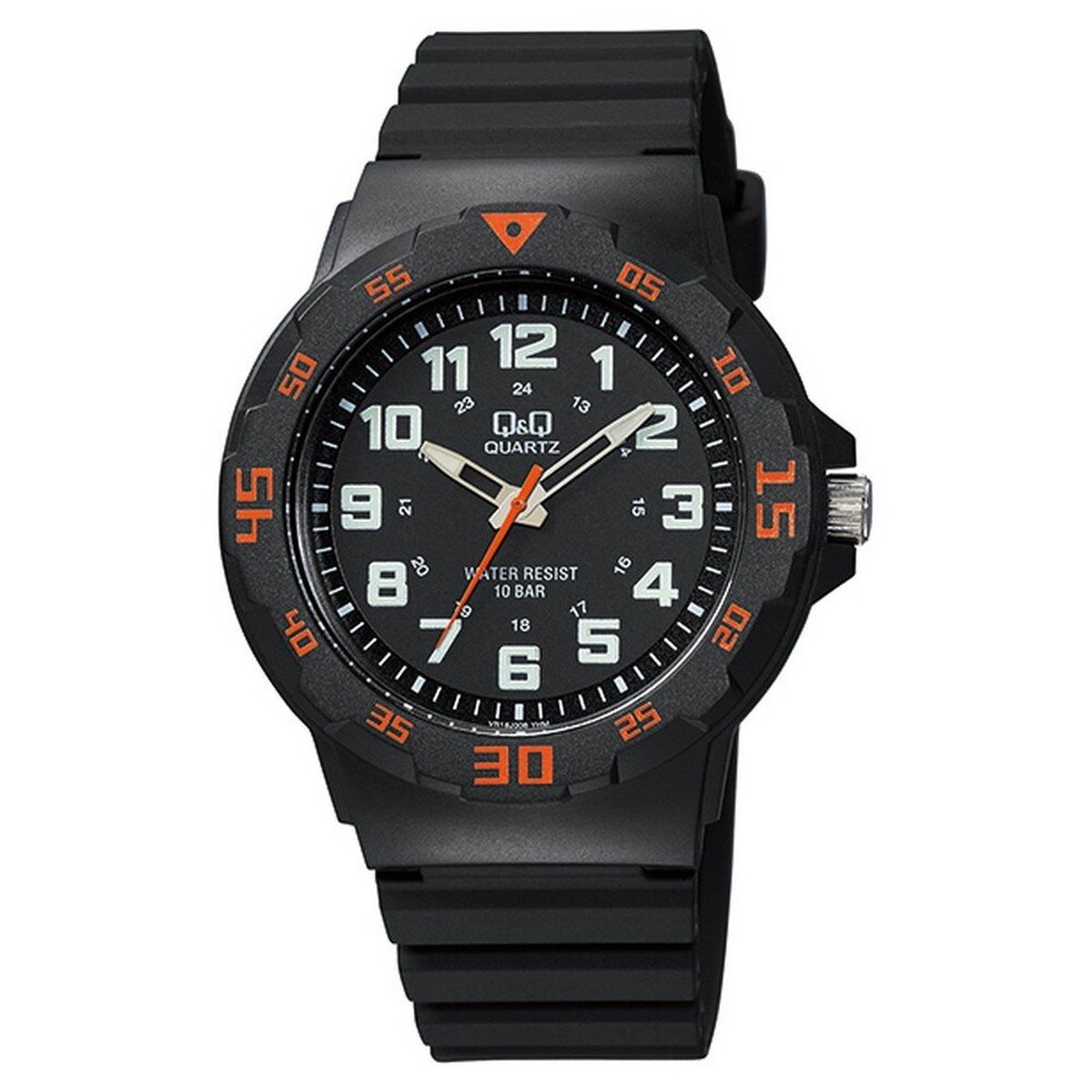 QQ VR18J008Y - Horloge - Sport - Analoog - Heren - Mannen - Plastic band - Rond - Cijfers - Kunststof - Zwart - Oranje - Crème