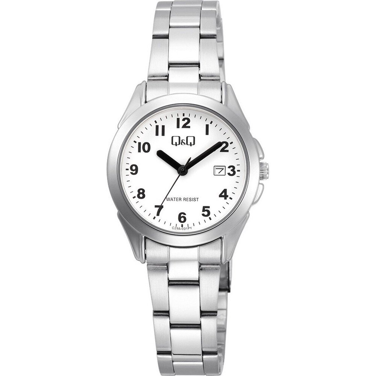 QQ C29A-001PY - Horloge - Polshorloge - Analoog - Vrouwen - Dames - stalen band - Rond - Metaal - Cijfers - Datumaanduiding - Zilverkleurig