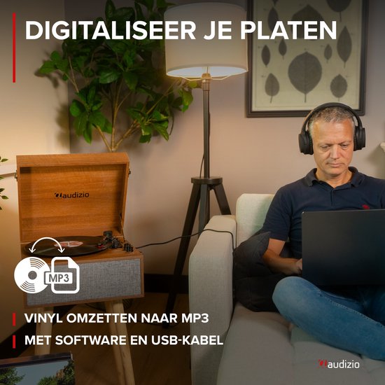 Platenspeler op poten - Audizio Fremont - Retro platenspeler met meubel - Met Bluetooth - Houtlook — afbeelding 5