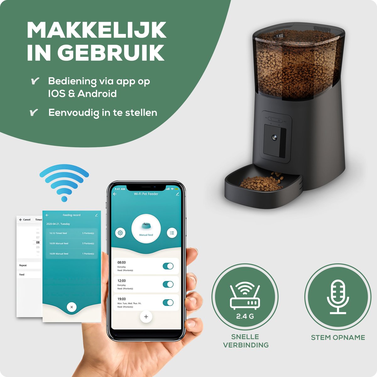 Afbeelding 2 van Automatische Voerbak Kat en Hond - met Camera - Inhoud 6 Liter - Voerbak Kat met Smartphone besturing - Voerautomaat - Zwart - Proun