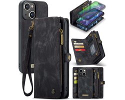 CaseMe Bookcase hoesje geschikt voor iPhone 16 Pro Max - Effen Zwart - Leer - Portemonnee met 9 Vakjes voor Pasjes en Ritsvak