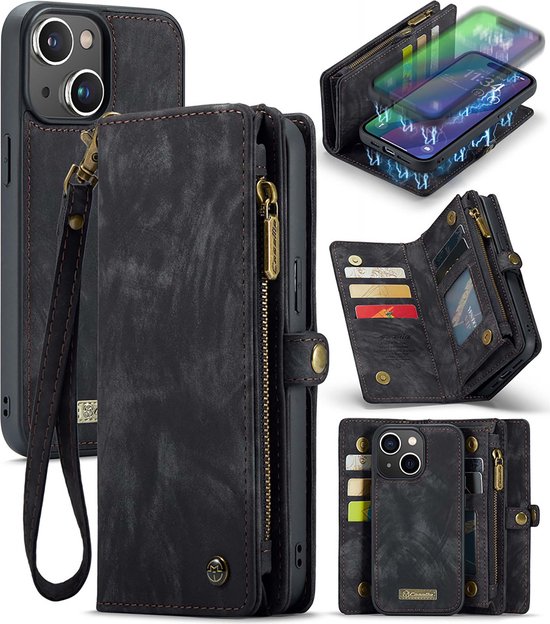 CaseMe Bookcase hoesje geschikt voor iPhone 16 Pro Max - Effen Zwart - Leer - Portemonnee met 9 Vakjes voor Pasjes en Ritsvak