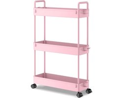 3-Tier Slide-out Slim Rolling Utility Cart Organizer voor Keuken en Badkamer - Roze Wasmachine rek