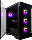 Zwarte pc-behuizing met open glazen deur, met drie ventilatoren aan de voorkant en twee ventilatoren binnenin, alle met paarse en gele RGB-verlichting.