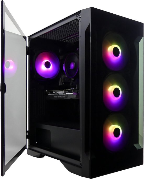 Zwarte pc-behuizing met open glazen deur, met drie ventilatoren aan de voorkant en twee ventilatoren binnenin, alle met paarse en gele RGB-verlichting.