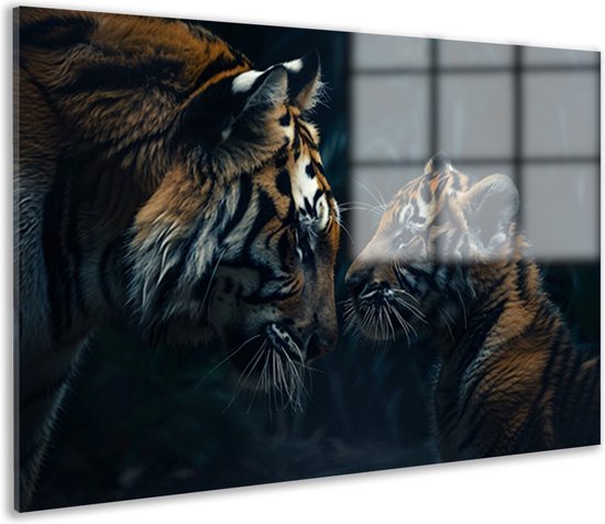 Tableau Tigres - Tableaux Animaux sur verre - Tableau sur Glas Enfants - Décoration murale industrielle - Peintures plexiglas - Décoration de bureau verre acrylique 150x100 cm