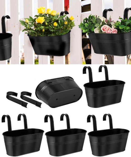 CITÉTOILE Set van 4 grote hangpotten voor balkon met haak, drainagegat, hangende bloempot van metaal, voor buiten, voor planten, bloemen, bloempotten om op te hangen, vintage, zwart