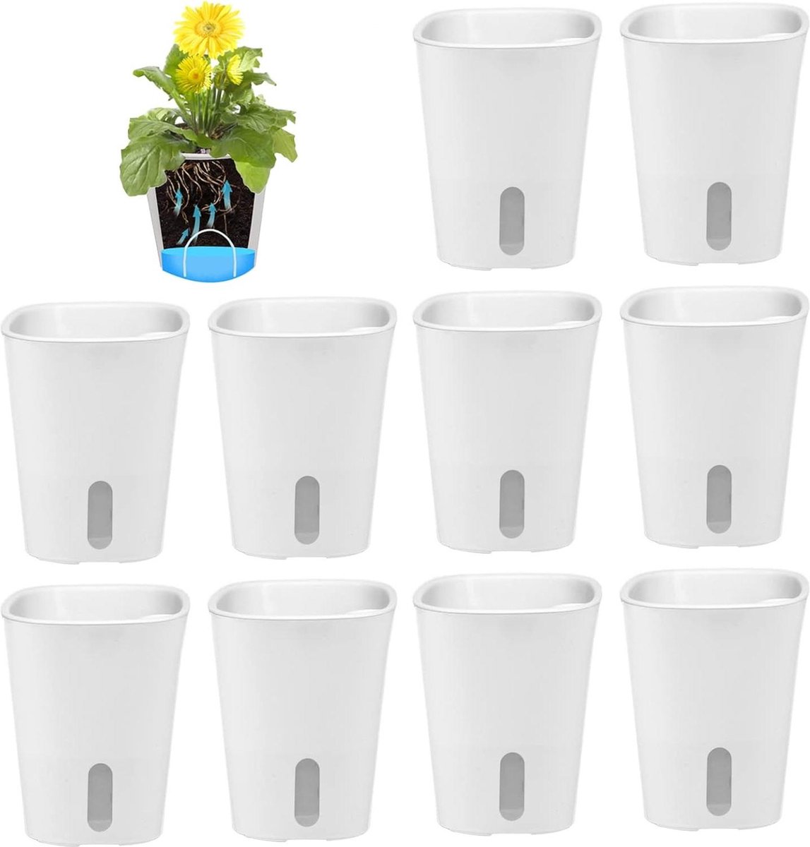 Zelfwaterende bloempotten - set van 10 met waterpeilindicator - gietpot - kruidenpot - bewateringssysteem voor binnen en buiten (95cm)