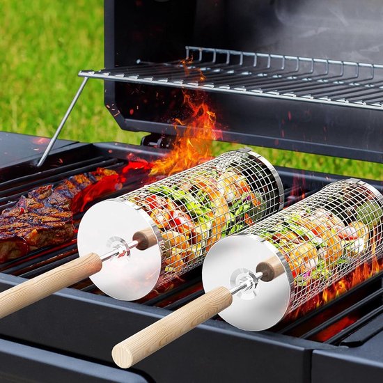 Lot 2 Paniers Barbecue Roulants Acier Inox 304 – Grand & Moyen + Fourchettes, Cuisson 360° Parfaite !
