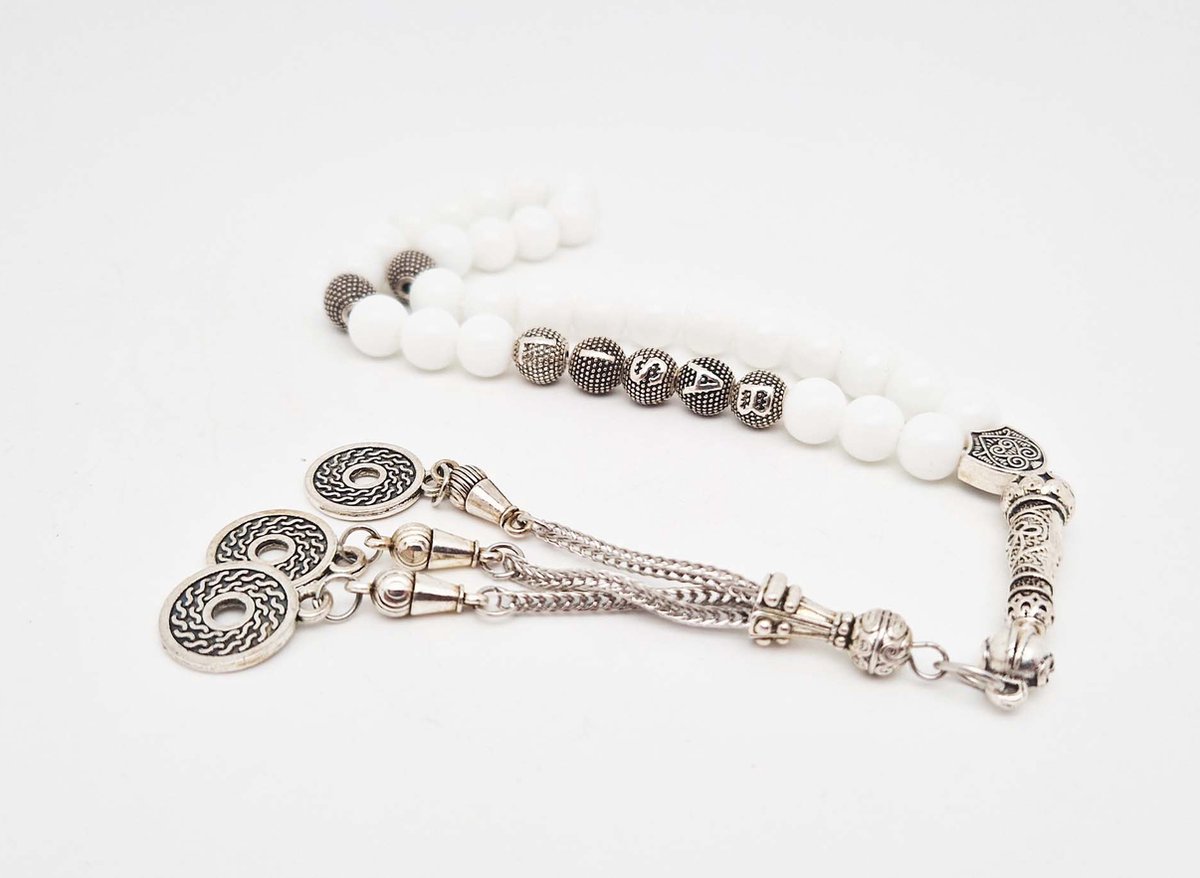 Handgemaakte naam tasbih 33 Kralen Natuursteen “ Witte agaat” - met metaal tassel “Omarmen"- Met je naam of de naam van uw geliefde- 8 mm diameter van de korrel