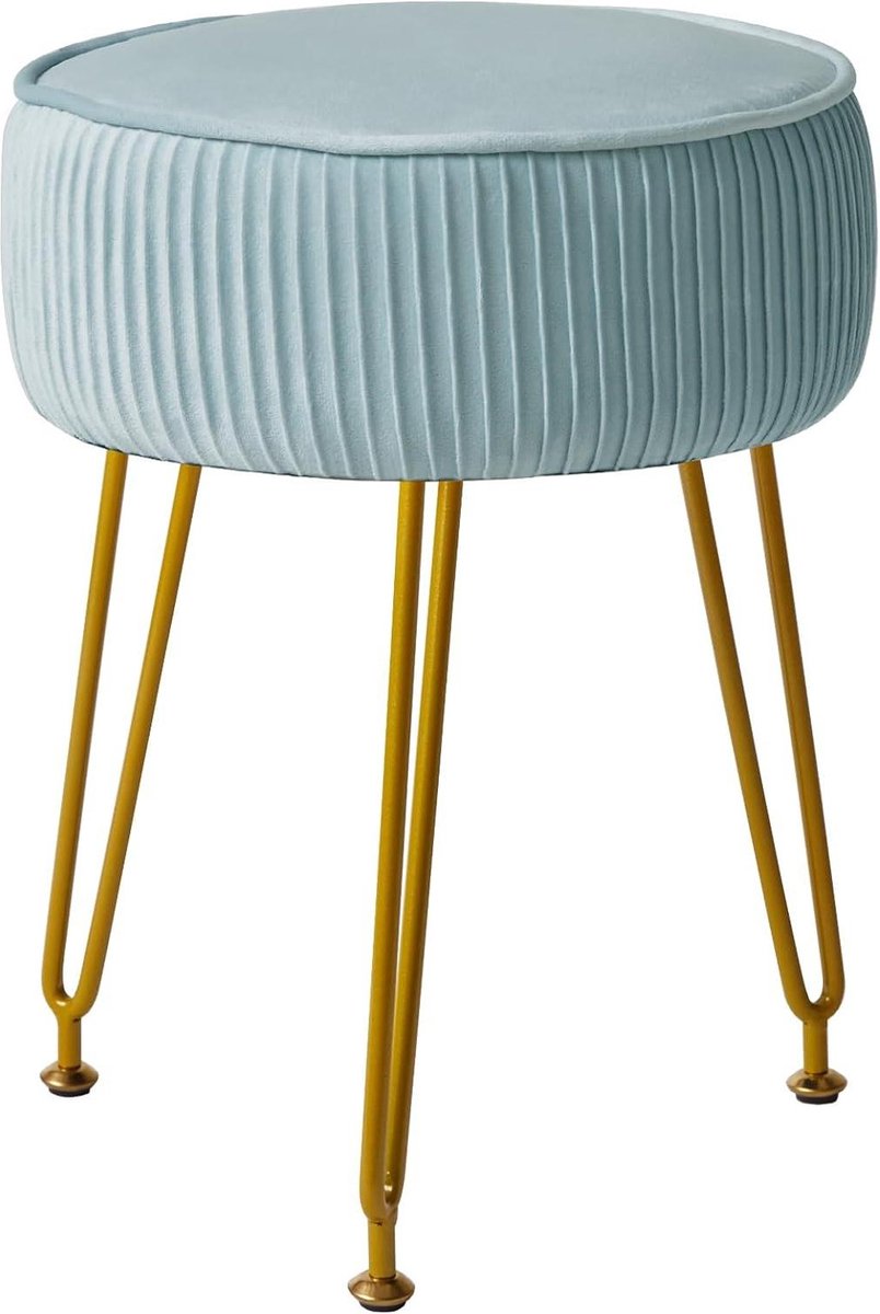 Goedkoopste Ronde fluwelen voetenbankje - blauw - make-up salontafel - dressing tafel - goudkleurig stalen poten make up tafel