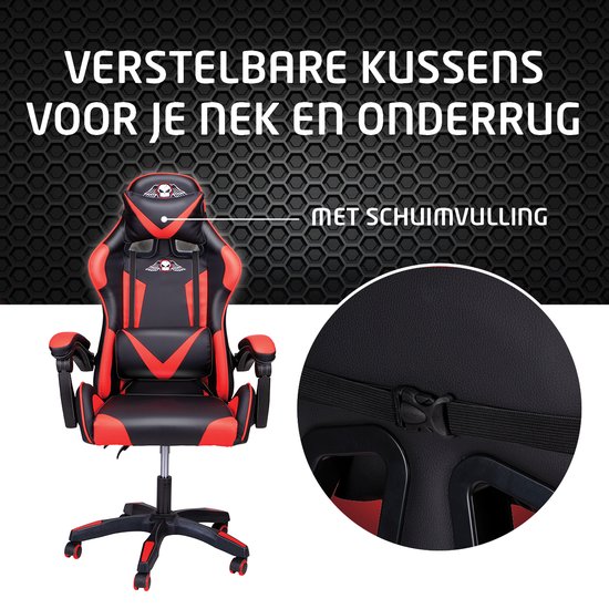 No Fear Gaming Stoel - Game Stoel met Nek- en Onderrugkussen - Ergonomische Bureaustoel in Hoogte Verstelbaar 46 tot 56cm - Gamestoel Rood/Zwart