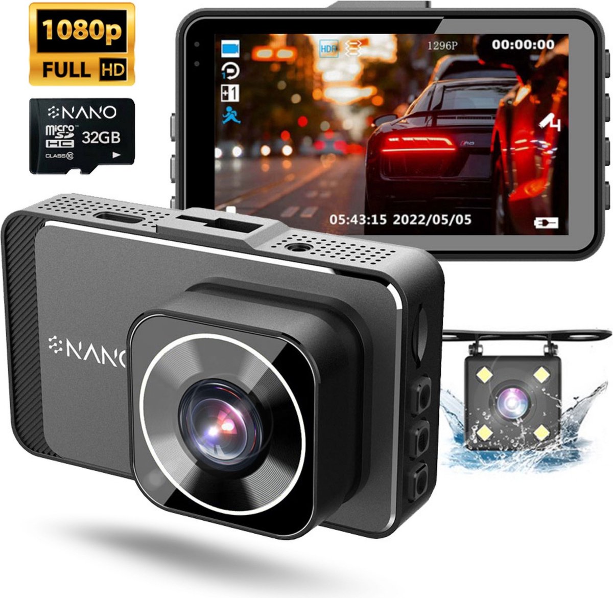 Nanocam M19 32gb dashcam voor auto met achter camera - FullHD + VGA resolutie - Parkeerbeveiliging - 32gb MicroSD - Zuignap en sticker houder - 170 graden kijkhoek - Nachtzicht - 3.0 inch IPS LCD scherm - 2024 model