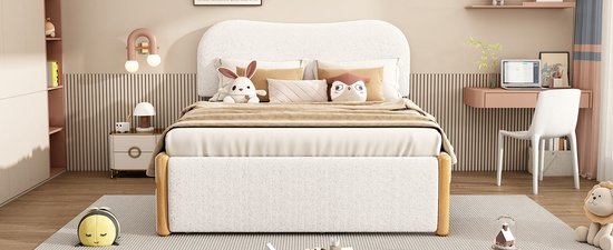 Lit rembourré Merax 140x200 cm avec lit à roulettes extractible - Design minimaliste - Wit - MDF et Tissus doux - Sommier à lattes inclus