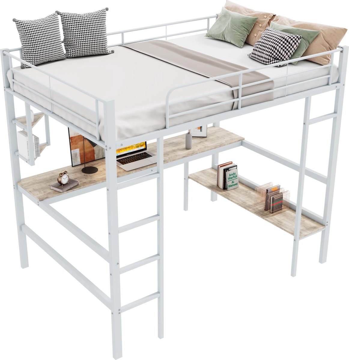 Merax Hoogslaper 90x200 cm met Bureau - Eenpersoonsbed met Boekenplank en Uitvalbeveiliging