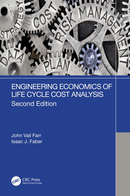 Couverture de livre avec des engrenages arborant les mots 'STRATEGY', 'COST', 'RISK MANAGEMENT', 'PLAN', 'DATA'. Titre : ENGINEERING ECONOMICS OF LIFE CYCLE COST ANALYSIS.