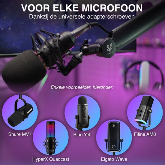 Bras de microphone noir montrant la compatibilité avec les microphones Shure MV7, HyperX Quadcast, Blue Yeti et Fifine AM8.