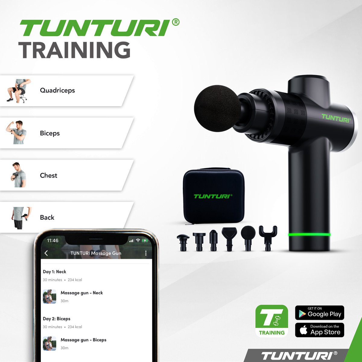 Afbeelding 3 van Tunturi MG40 Massage Gun - Massage Apparaat Met Multi Grip - Inclusief 6 Opzetstukken En Koffer - Extra Krachtig en Stil - Incl App