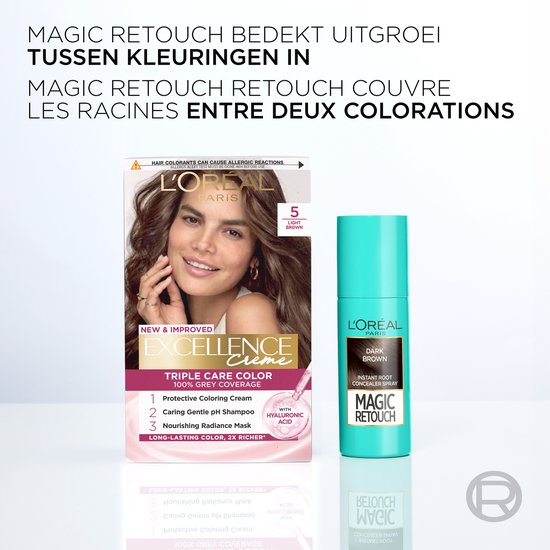 L'Oréal Paris Magic Retouch Dark Brown uitgroeispray naast L'Oréal Excellence Crème haarverf.