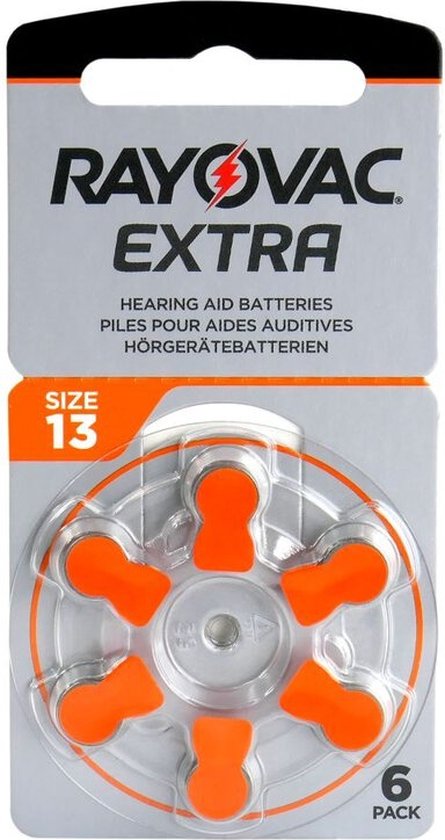 Rayovac Extra hoorbatterijen, maat 13, 6 stuks in oranje verpakking.
