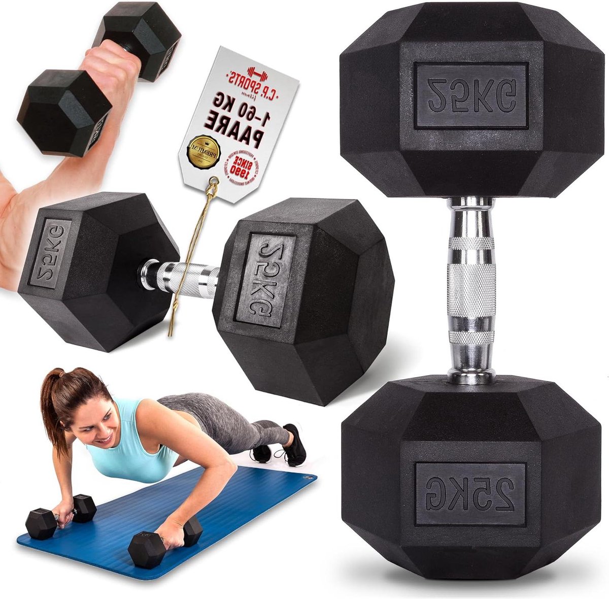 Dumbbells Hexagon Rubberen Coating Ergonomische Chroom Handgreep Antislip - Dumbbell-set 1-80 kg