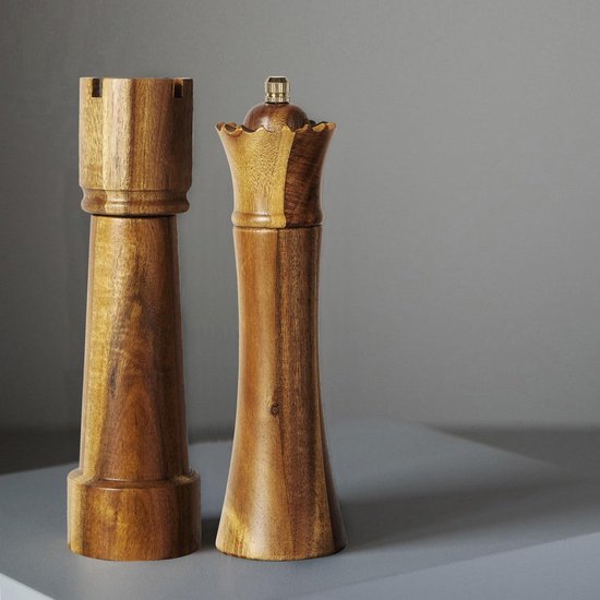 MAITTON Zout- en Pepermolen Set met Schaakbordontwerp van Hout - Handmatige Zout- en Pepermolen met Keramisch Mechanisme, Kleine Maat 20cm