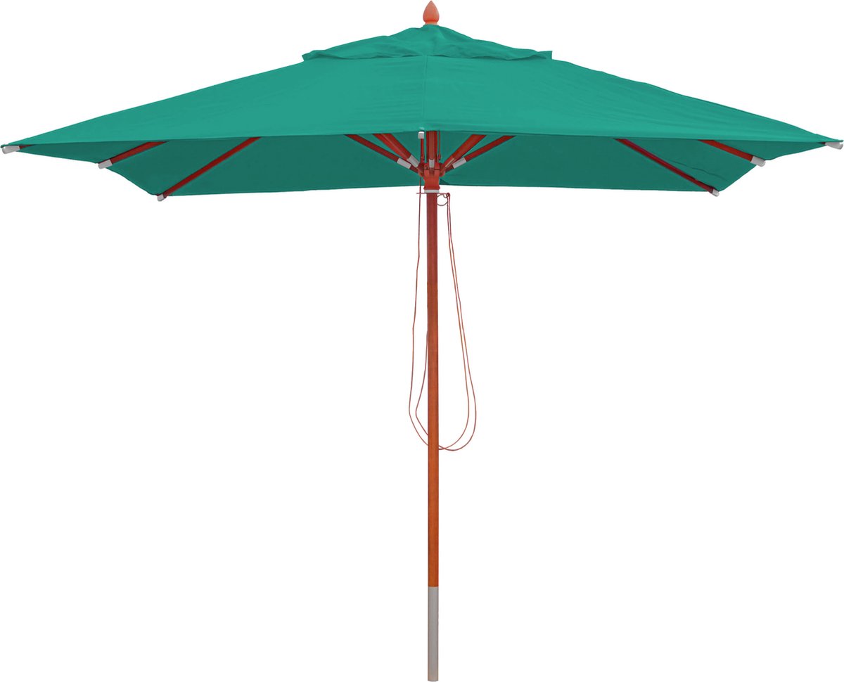 Gastronomie houten parasol MCW-C57, tuinparasol, polyester/hout 14 kg, vierkant 3x3 m, schokbestendig ~ blauwgroen