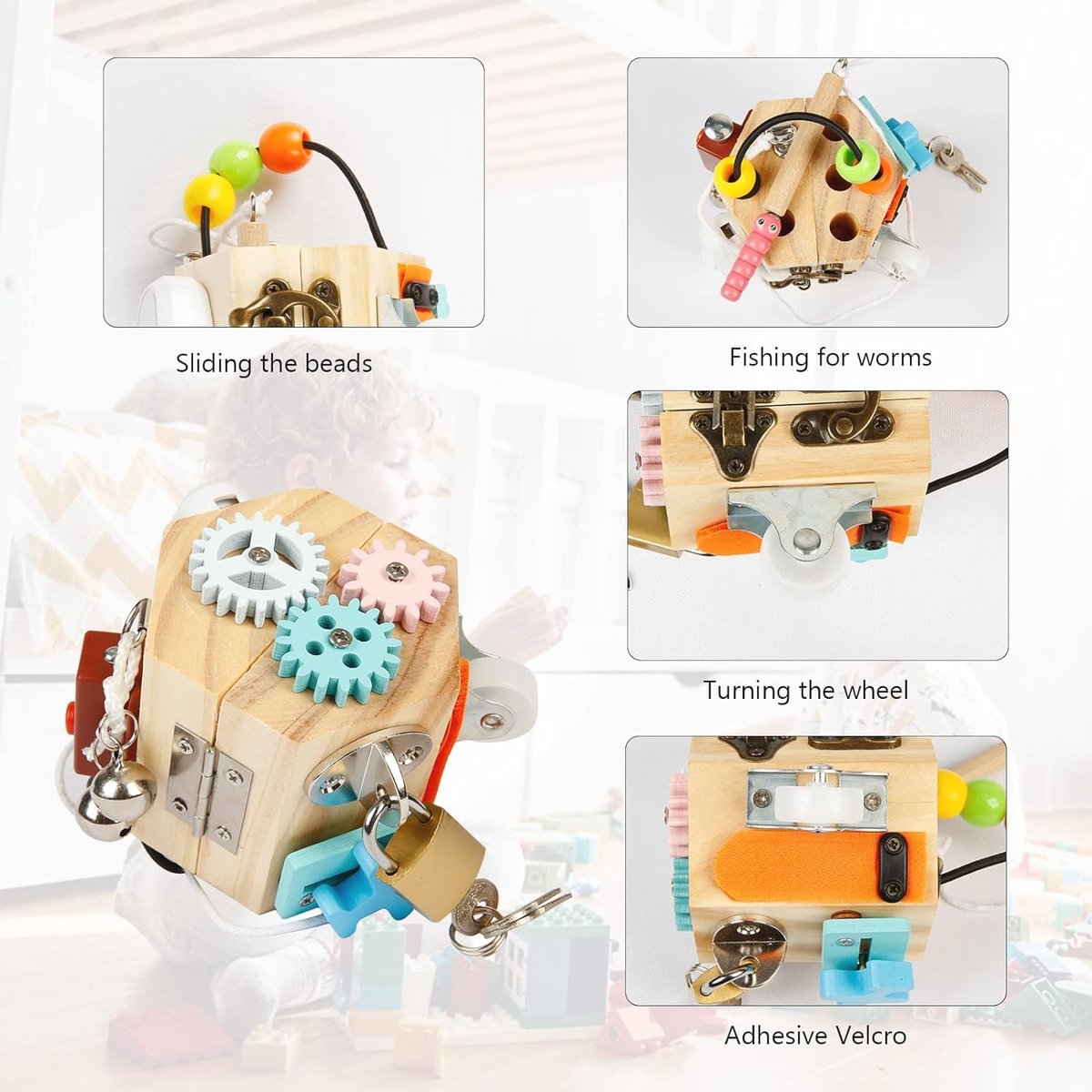 PairPear Houten activiteitenkubus, Montessori speelgoed, houten speelkubus, activiteitencentrum, babybusy board, multifunctioneel vroege educatieve