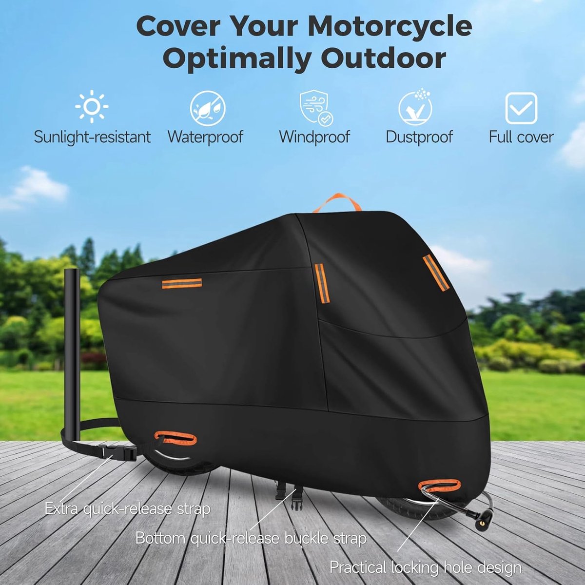Waterdicht Motorhoes - Outdoor Afdekzeil voor motorfietsen - Motorhoezen Waterdichte - Motorafdekking - Outdoor & Indoor - Universeel Motor - 210D Oxford-stof - XXL(245*105*125cm) - zwart – foto 4