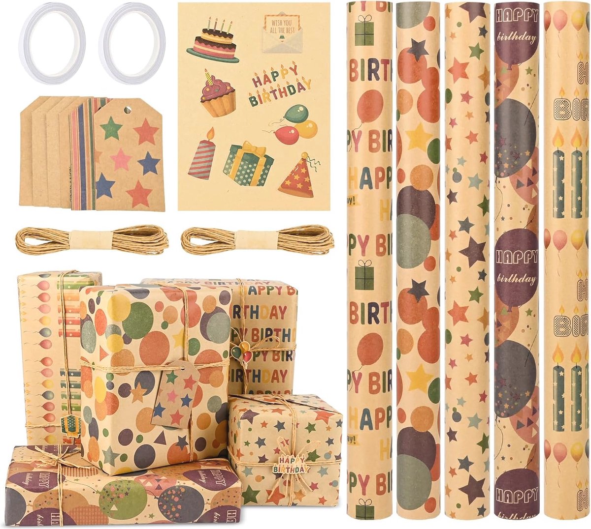Cadeaupapier Set van 5 Rollen met Lint en Accessoires voor Verjaardagscadeaus