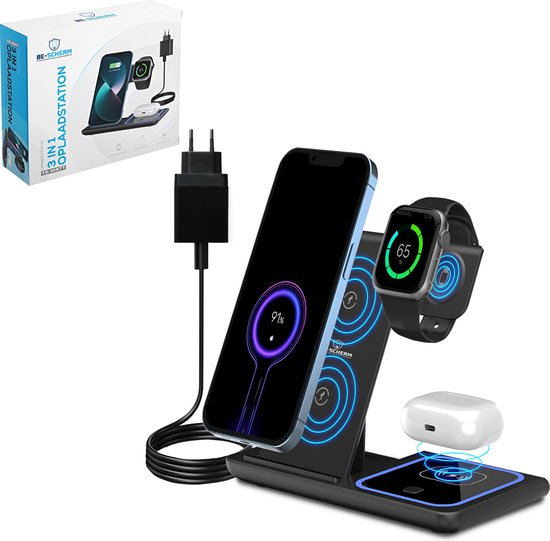 Be-Scherm 3 in 1 Draadloze Oplader - 15W Qi Oplaadstation - Geschikt voor Apple Watch iPhone & Samsung - Snellader Opladers - Wireless Charger