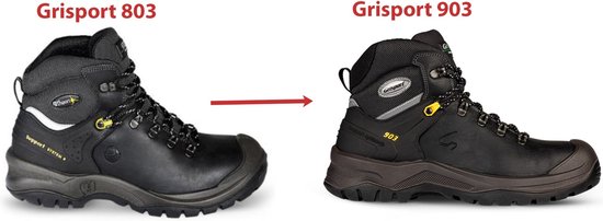 Vergelijking van de Grisport 803 en 903 werkschoenen, beide hoge zwarte modellen.