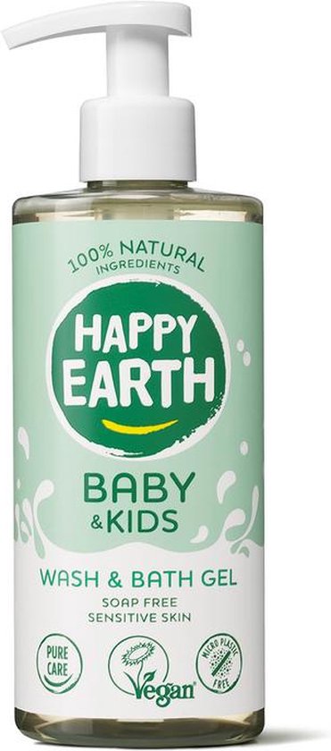 Lichtgroene fles met pompje, Happy Earth Baby & Kids Wash & Bath Gel, zeepvrij, 100% natuurlijke ingrediënten.