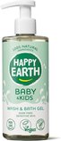 Lichtgroene fles met pompje, Happy Earth Baby & Kids Wash & Bath Gel, zeepvrij, 100% natuurlijke ingrediënten.