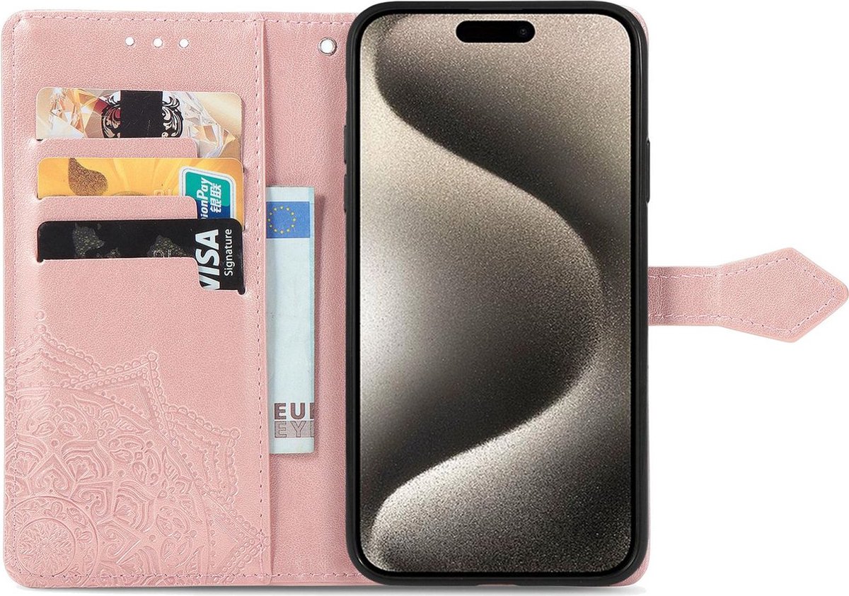 Mobigear Telefoonhoesje geschikt voor Apple iPhone 16 Pro Hoesje | Mobigear Mandala Bookcase Portemonnee | Pasjeshouder voor 3 Pasjes | Telefoonhoesje voor Pinpas / OV Kaart / Rijbewijs - Roségoud