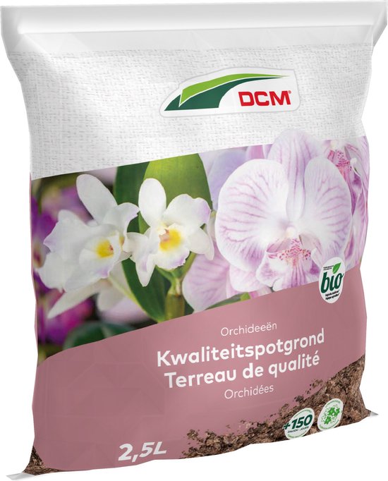 Zak DCM potgrond voor orchideeën, 2,5L, met afbeeldingen van roze en witte orchideeën.