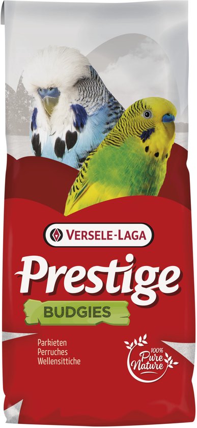 Verpakking met twee parkieten, een blauw-witte en een groen-gele, met Prestige Budgies voer.