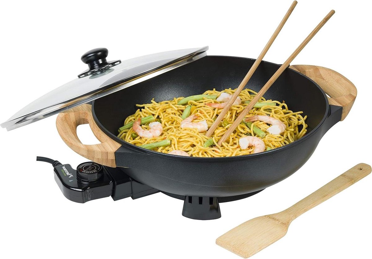 Elektrische XL wokpan met bamboehandgrepen en glazen deksel Aziatisch design inclusief spatel eetstokjes en receptenboek 1.500 W zwart