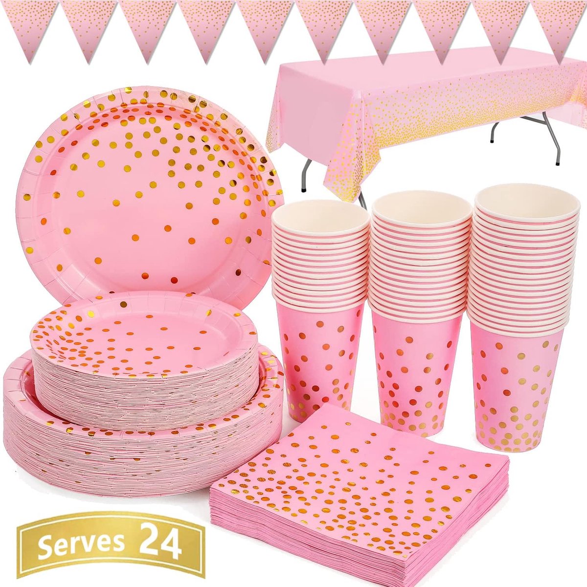 Roze en Gouden Feestservies 99 Stuks Partij Benodigdheden Set Inclusief Papieren Borden Servetten Bekers Tafelkleed Banner voor Bruiloften,Vrijgezellenfeest,Baby shower,Meisje Verjaardag (24 Gasten