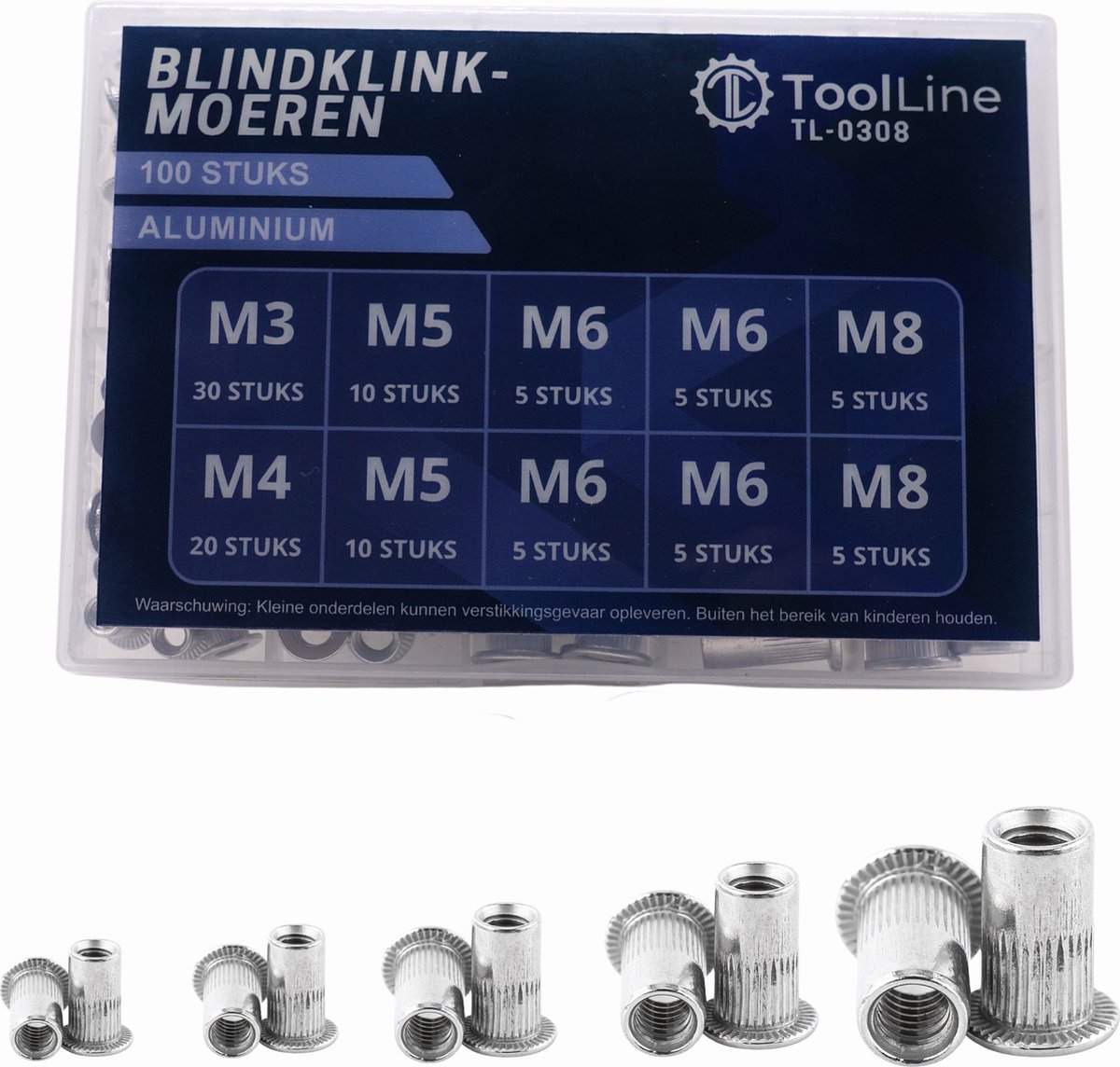 ToolLine® - Aluminium - blindklinkmoeren - 100 stuks - Blindklinkmoer M3, M4, M5, M6 en M8 - Geschikt voor blindklinkmoertang - Blindklinkmoeren assortiment